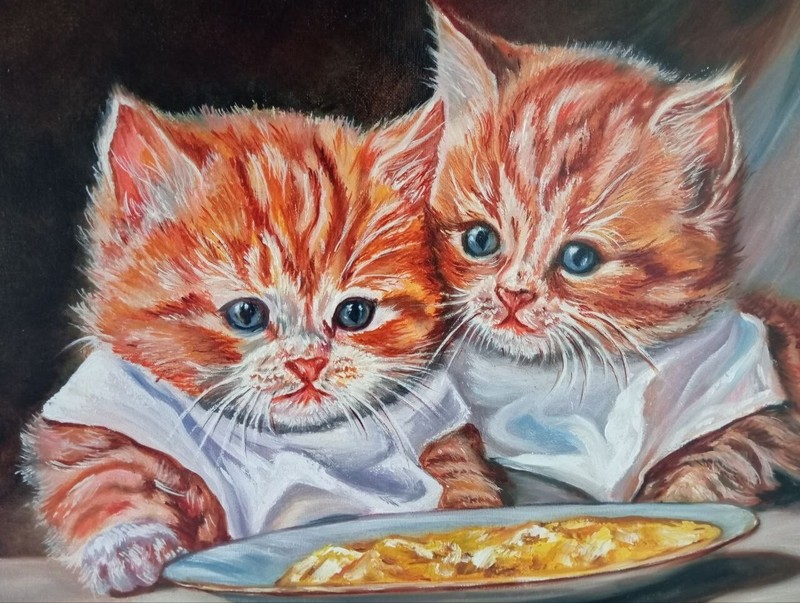 Breakfast for Two Original Oil Painting on Stretched Canvas Cats Animal 16×20 in