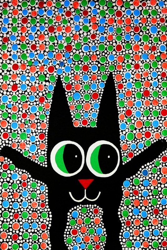 New! original painting 5×7″ signed cat lover gift art «Polka Dot Cat»