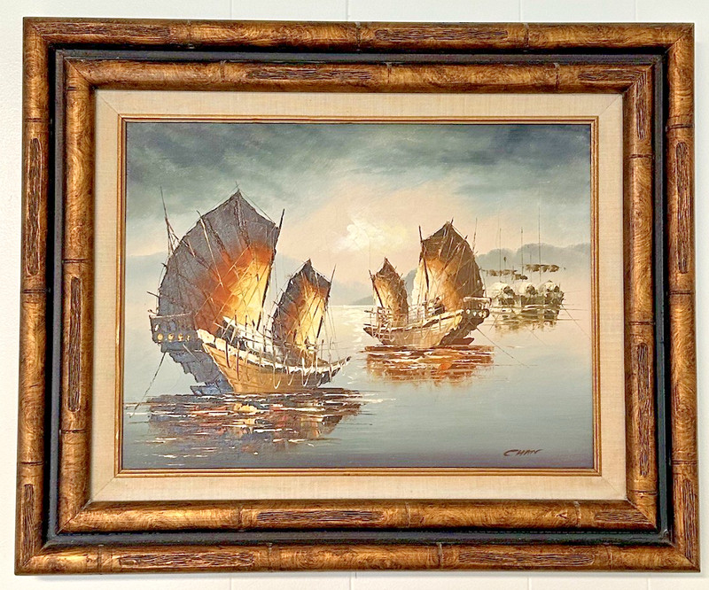 Mid Century Chinese Junk Boat Harbor Seascape Oil Painting Signed Chan 12×16