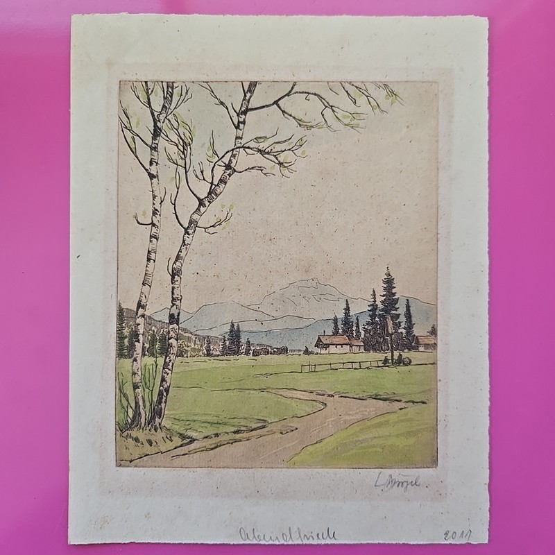 Hand Painted Etching European Landscape Early 20 Century C. 1930 Vintage Paint