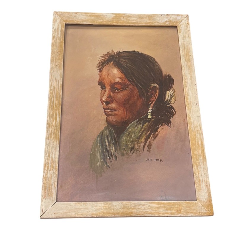 Jane Engel Native American Woman Portrait Painting Framed Art 1965 signed