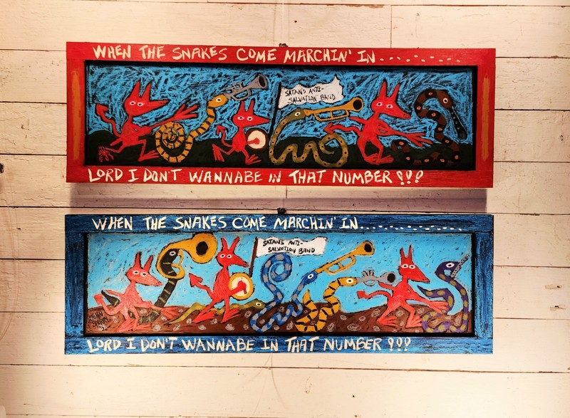 John Sperry Southern Primitive Religious Folk Art Devils & Snakes Painting 16X48 gallery