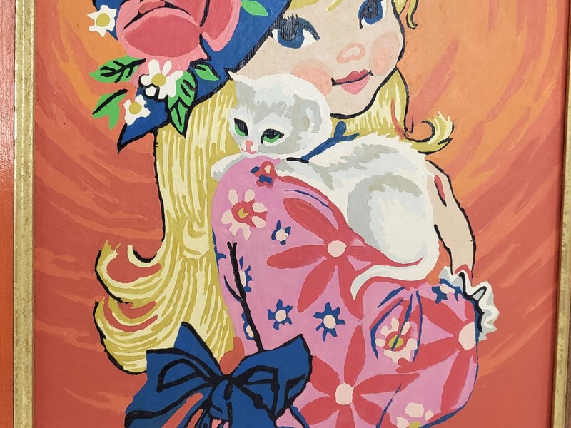 Vintage Paint By Number Framed Artwork Big Eyed Girl Blonde Hair Cat 1960s-70s gallery