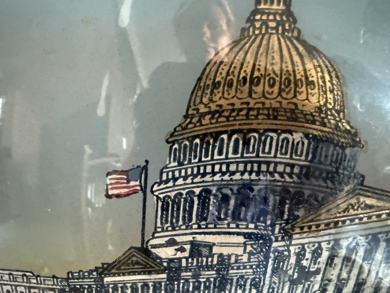 Antique 1917 Capital Building Hand Painted Reverse on Glass Washington DC Framed gallery