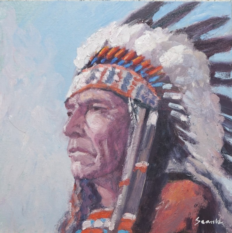 Sean Wu. 12×12 original oil on canvas board, Indian Chief