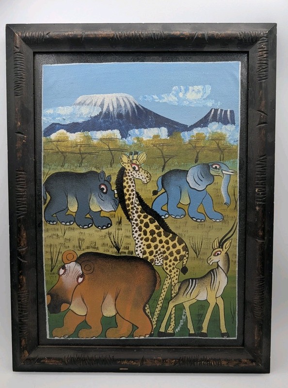 Signed Framed Tanzania Tingatinga Folk Art Original Painting Animals Safari