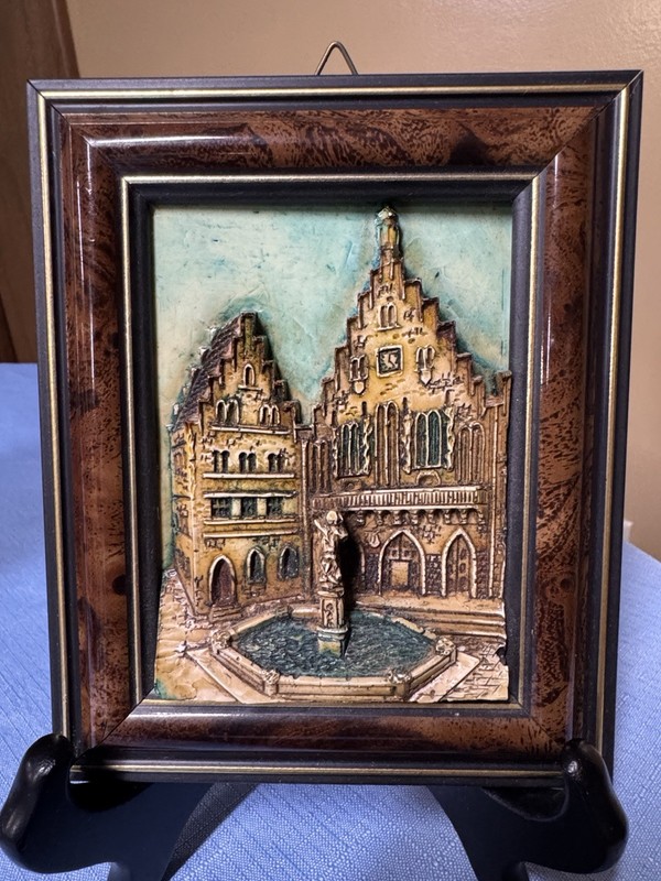 Framed Hand Painted Relief of Historic European Fountain Frankfurt Romer signed