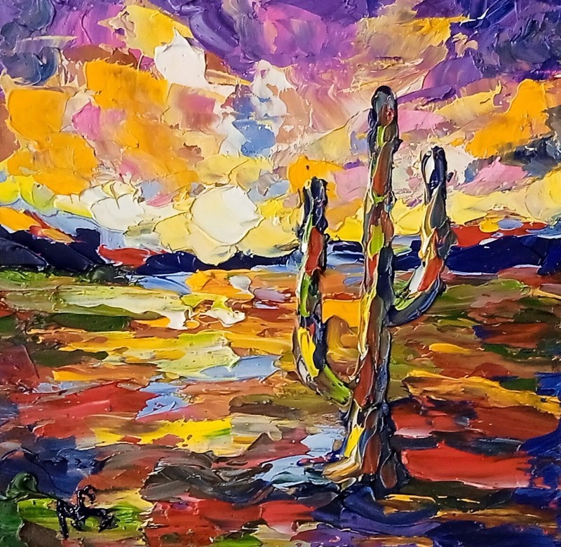 Sedona Desert Saguaro Cactus Oil Painting Miniature Original Art 4×4 Inch