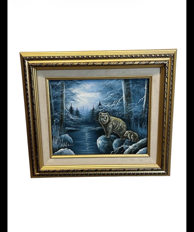 Wildlife Bear Snowy Forest Textured Oil Painting Signed Wilson Mexico 13x15 gallery