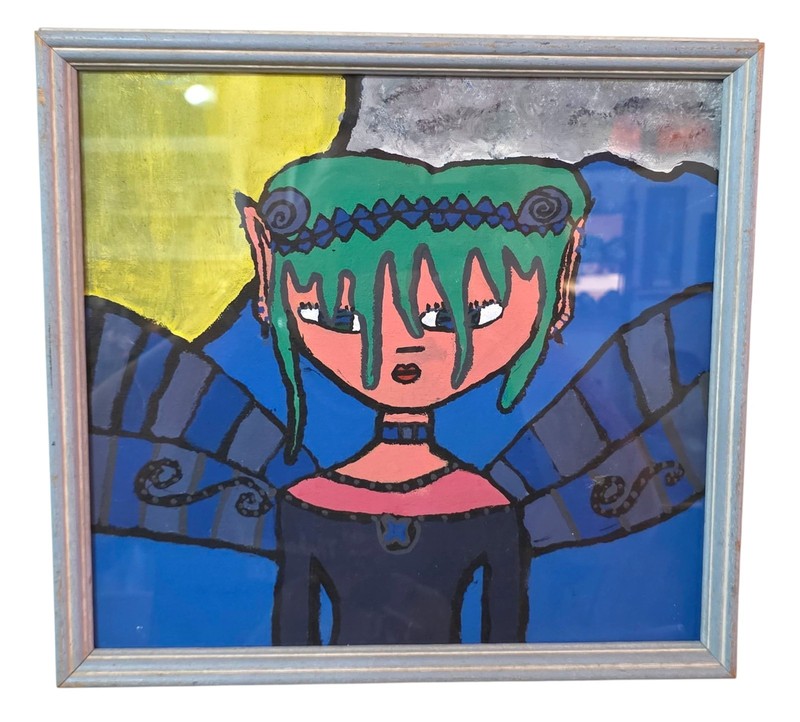 Alien Girl Original Painting Framed 90s Style Canvas 14.25×13.25