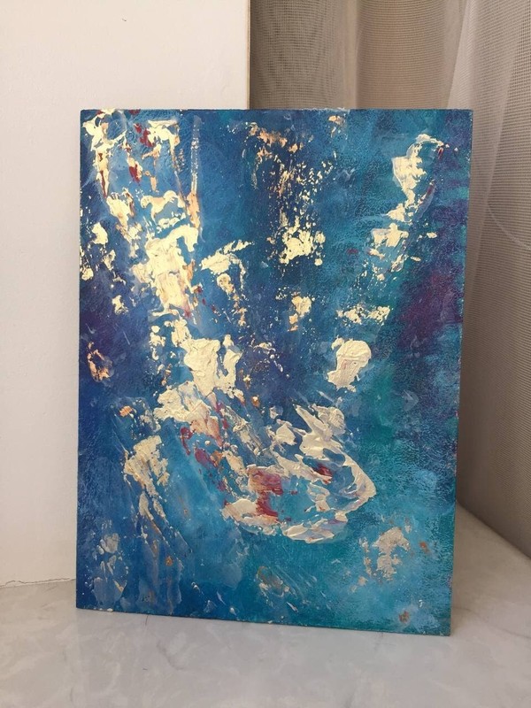 Paining on fiberboard blue abstraction with texture paste 15х20cm| 6×8»