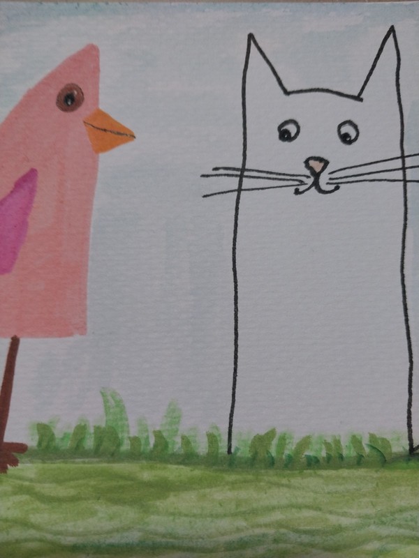 ORIGINAL IMPRESSIONISM Watercolor Painting 5X7 inch Cat & Bird Art Decor gallery
