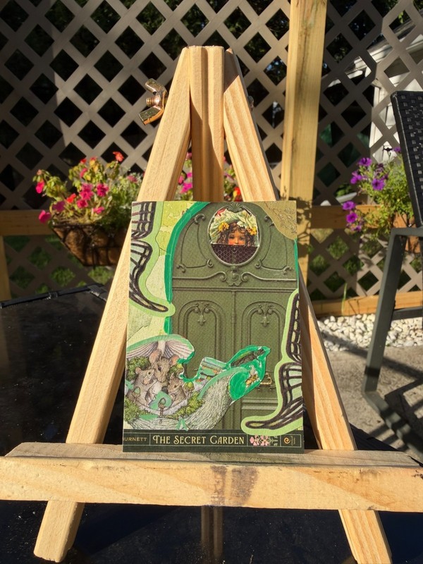 Original ACEO Collage Art Green Secret Garden Door Mixed Media Paper Series OOAK