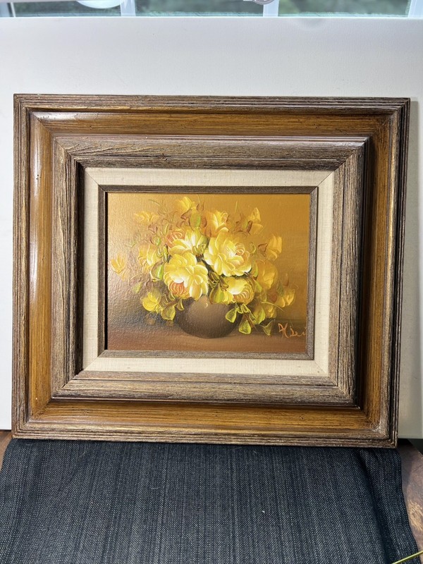 Vtg Original Signed Oil Painting Yellow Rose Still Life Solid Wood Frame