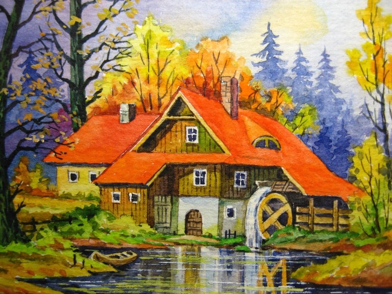 Watercolor Painting Autumn Landscape Forest River House Nature ACEO Art No.13