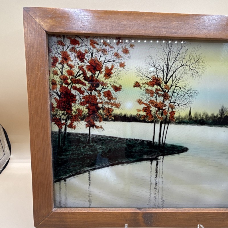 Vintage Reverse Painting on Glass Fall Scene - Signed By Artist gallery