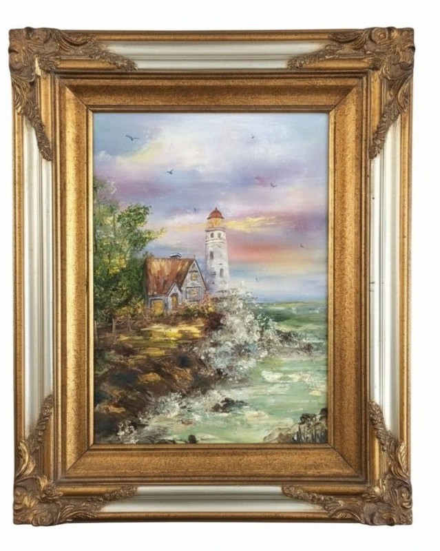 Vtg 25×21 MCM Original Oil Painting Coastal Lighthouse Jay Bird In Ornate Frame