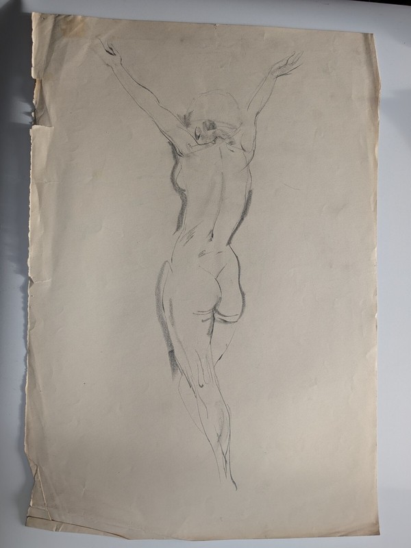 Vintage 1920s/30s Original Pencil & Charcoal Nude Drawing Lady Double Sided H gallery