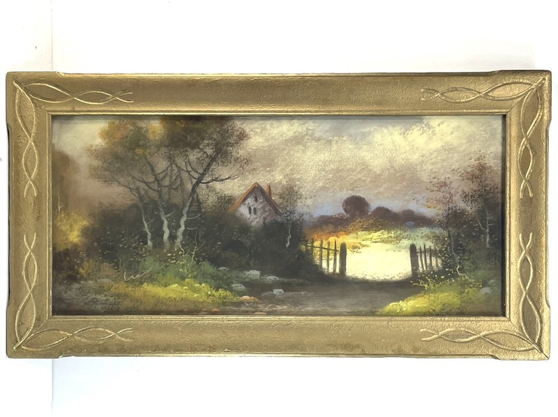 Antique Pastel Cottage Landscape Painting Hudson River William Henry Chandler NY