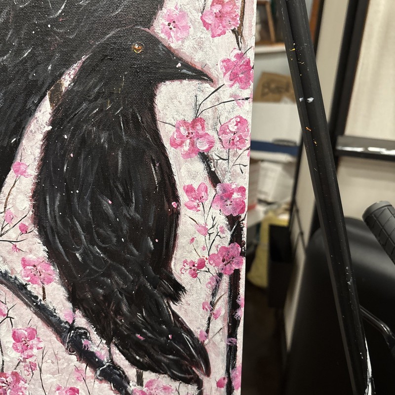CROW/ravens black bird Cherry Blossoms Original painting Signed 8x20 WOW gallery