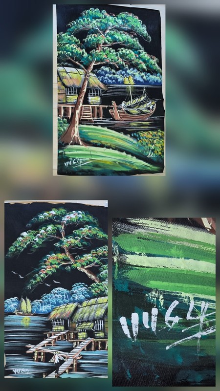 New ORIGINAL Signed Viet Asian Landscape Painting Village Boats Night Scene Art