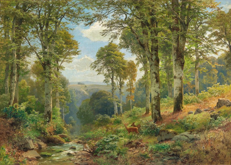 A valley with deer Landscape Art Giclee Printed Oil Painting Print