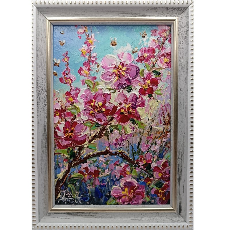 Original oil painting Flowers on a branch Impasto Miniature Signed 6*4 inches