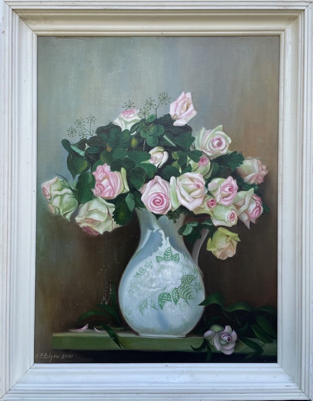 Flower Still Life with Roses and Jug Oil Painting in Art Nouveau