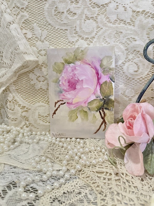 Hand Painted Vintage Antique Shabby Inspired Pink Rose In Oil 5×7 Canvas Signed