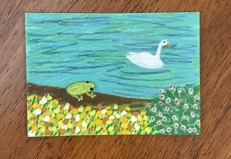 Aceo Original Acrylic Swan & Frog Painting 2.5 X 3.5”. ~ Friends
