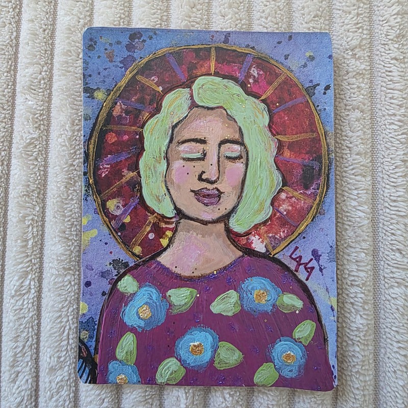 ORIGINAL ACEO Folk Art Painting Girl Woman Halo Flower Portrait Glitter Beauty