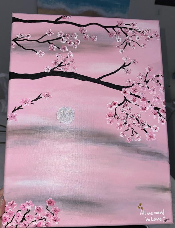 Cherry Blossom Moon Original Acrylic Painting ‘All We Need Is Love’ Canvas Art