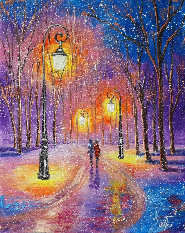 Original Oil Painting Winter Snowfall Scene Park Street Lamp Wall Art Decor Gift