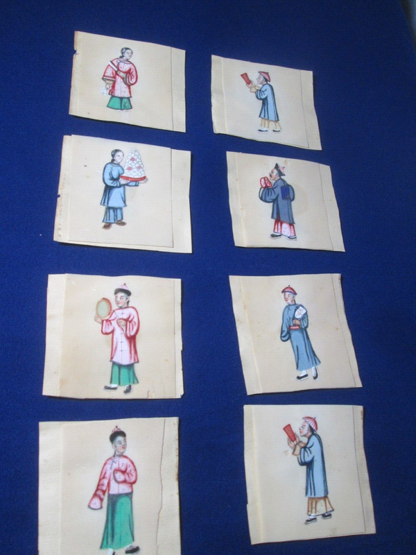 Vintage (8) Oriented hand painted figurine on paper colored portrait art 3″ X 3″