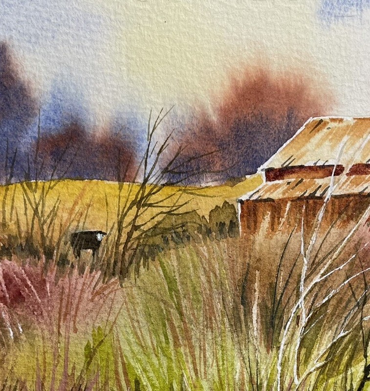 Pamela Wilhelm Original Watercolor Autumn Marsh Pond Farm Old Rust Barn 6”x8” gallery