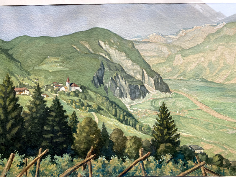 ::AQUARELL GRÜNES TAL BERGE DORF MIT KIRCHE RAHMEN TANNEN F. HOFFMANN LANDSCHAFT gallery