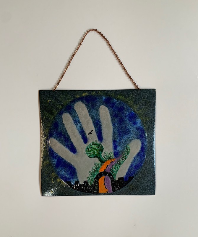 Enamel On Copper Art Painting Hand Handprint Tree Of Life Vtg