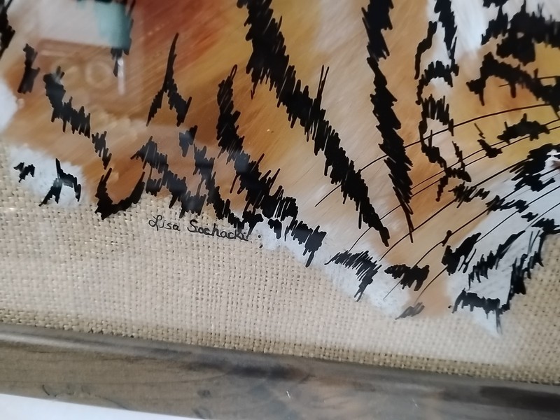 Vintage Art Reverse Glass Painting Of Tigers Head Frame 16”x14” Signed By Artist gallery