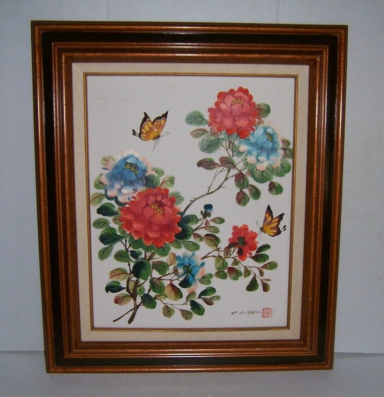 Vintage Framed Oriental Asian Flower and Butterfly Painting on Canvas Signed