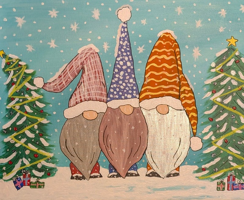 Original, OOAK, 16 x 20 Acrylic on Canvas Christmas Gnomes