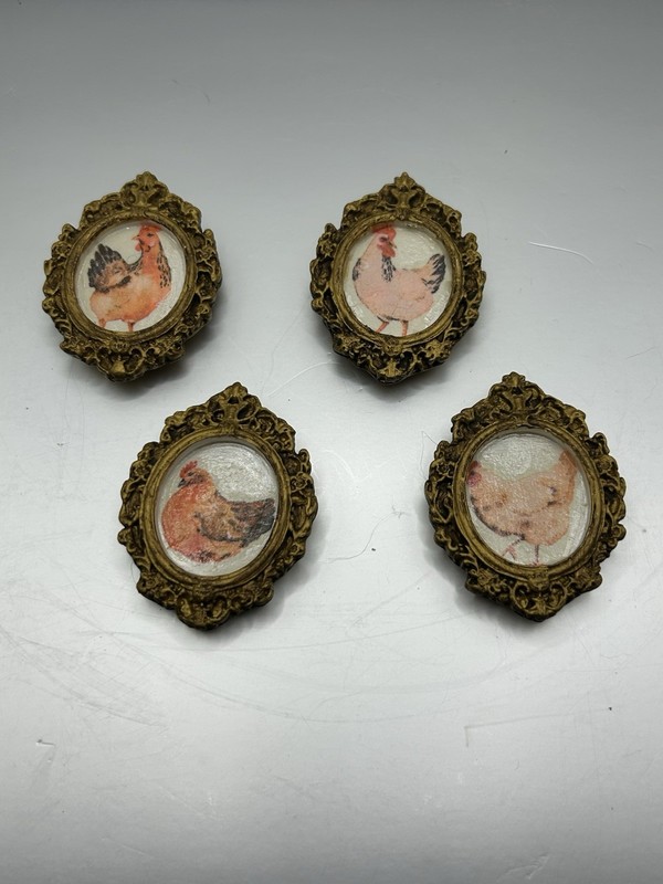 Handmade Chicken Farmhouse Decoupaged Magnetic 2” Ornate Gold Mini Clay Frames