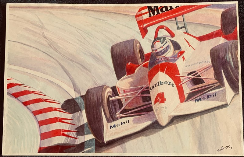 RICK MEARS CORKSCREW Laguna Seca PAINTING by VANCAS Vintage INDY 500 CAR RACING