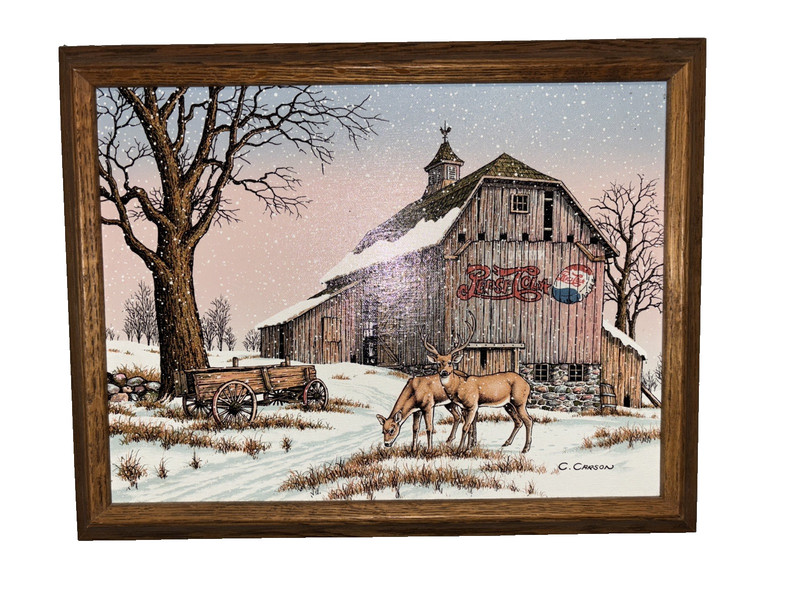 C.CARSON PEPSI COLA DEER BARN IN THE SNOW PAINTING