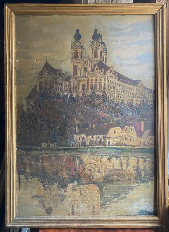 Oil Painting Um 1920 Pencil Milking at The Danube Church Expressionist Antique