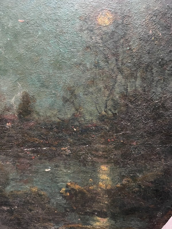 Landscape River Trees Forest Moon Night – Painting Antique Oil Original