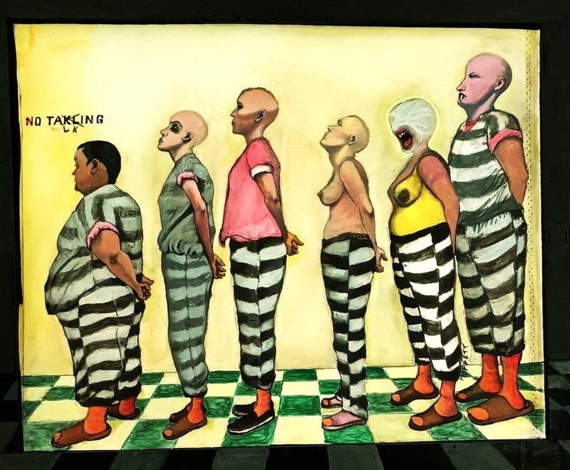 Dramatic Women in Prison «No Talking» Oil Painting on Canvas 37×30 by Moffett