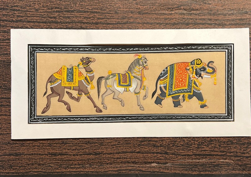India Colored Hand Painting-Matting -Parading Camel, Elephant, Horse