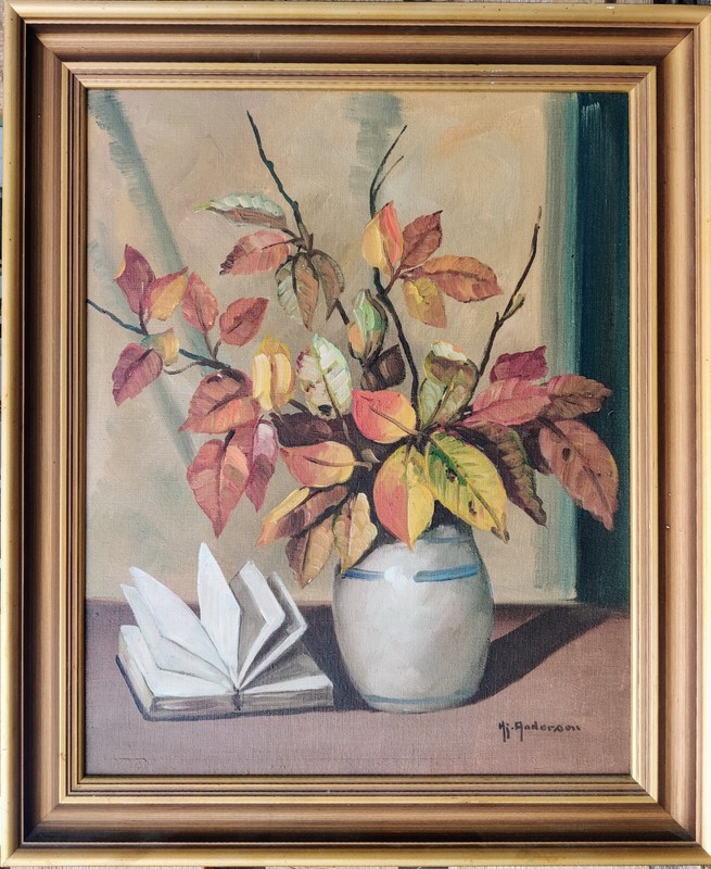 Hjalmar Andersen (1892-?): FLOWERS IN A VASE AND A BOOK, original oil