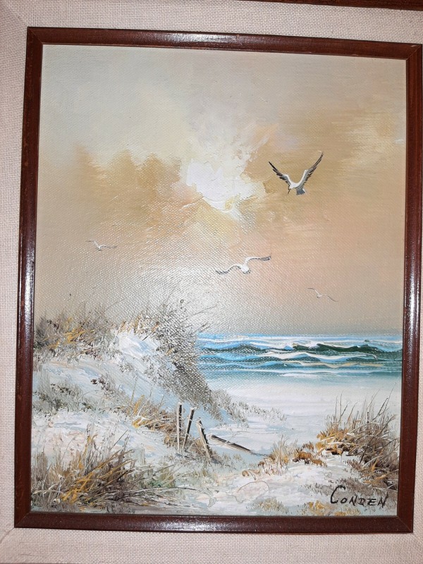 Conden signed oil Painting Board Signed Seascape Beach Seagulls 8x10 plus frame gallery