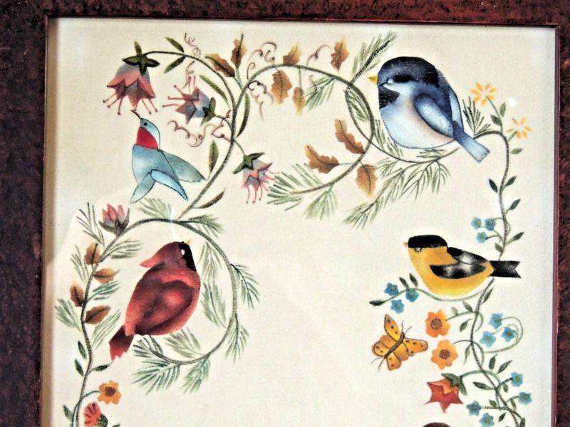 Dick & Marie DeVerter Theorem Painting on Velvet "Birds on Branch" Signed, Frame gallery